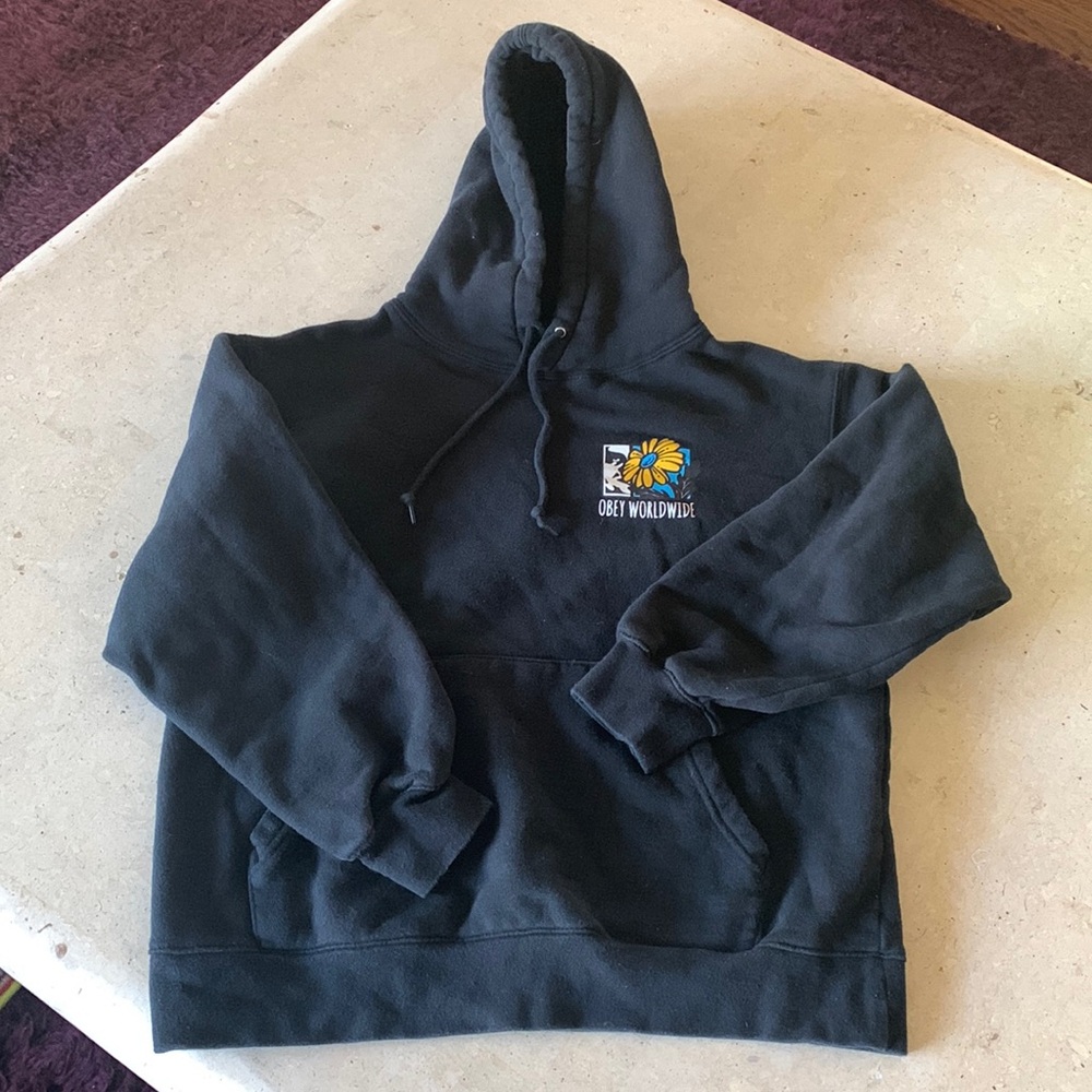 Obey Worldwide Black Unisex Hoodie Pullover Hooded Sweatshirt Yellow Flower